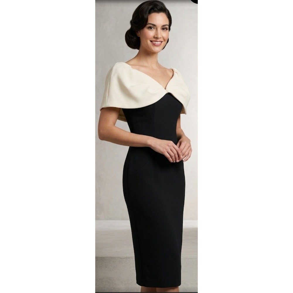 Vtg Victor Costa Cocktail Shift Dress 6 Black w Beige Silk Collar